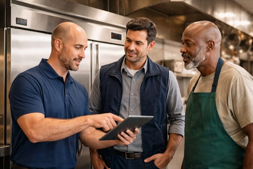 appliance store associate explaining warranty options to a small business owner in a modern showroom