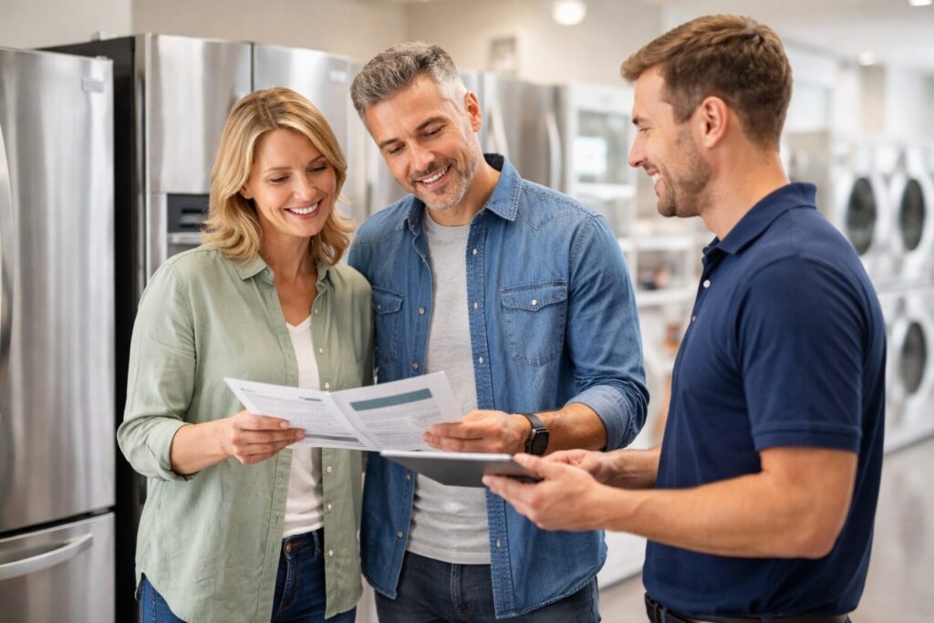 Appliance sales associate explaining warranty options to a middle-aged couple in a modern appliance showroom