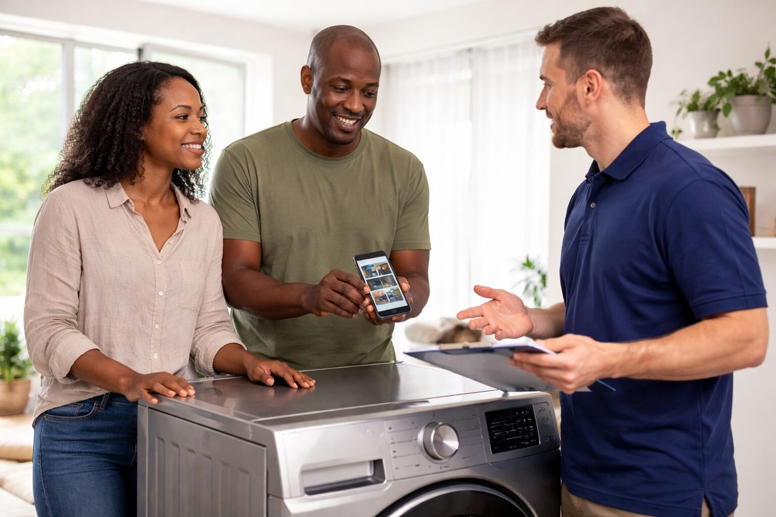 couple examining a modern refrigerator in a bright kitchen while discussing appliance warranty options