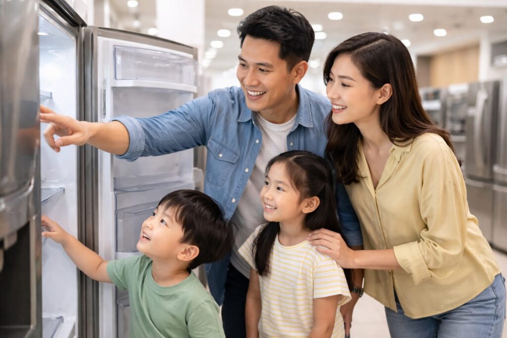Asian family shopping for appliances in a modern showroom with a sales associate assisting them