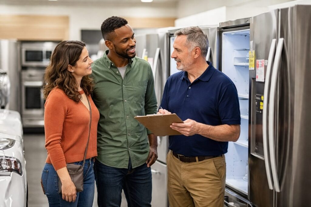 Appliance sales associate explaining warranty options to a middle-aged couple in a modern appliance showroom