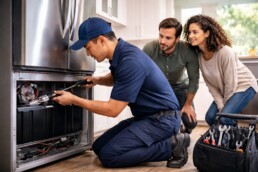 couple discussing warranty options with appliance sales associate in modern showroom surrounded by kitchen appliances