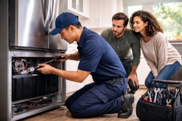 couple discussing warranty options with appliance sales associate in modern showroom surrounded by kitchen appliances