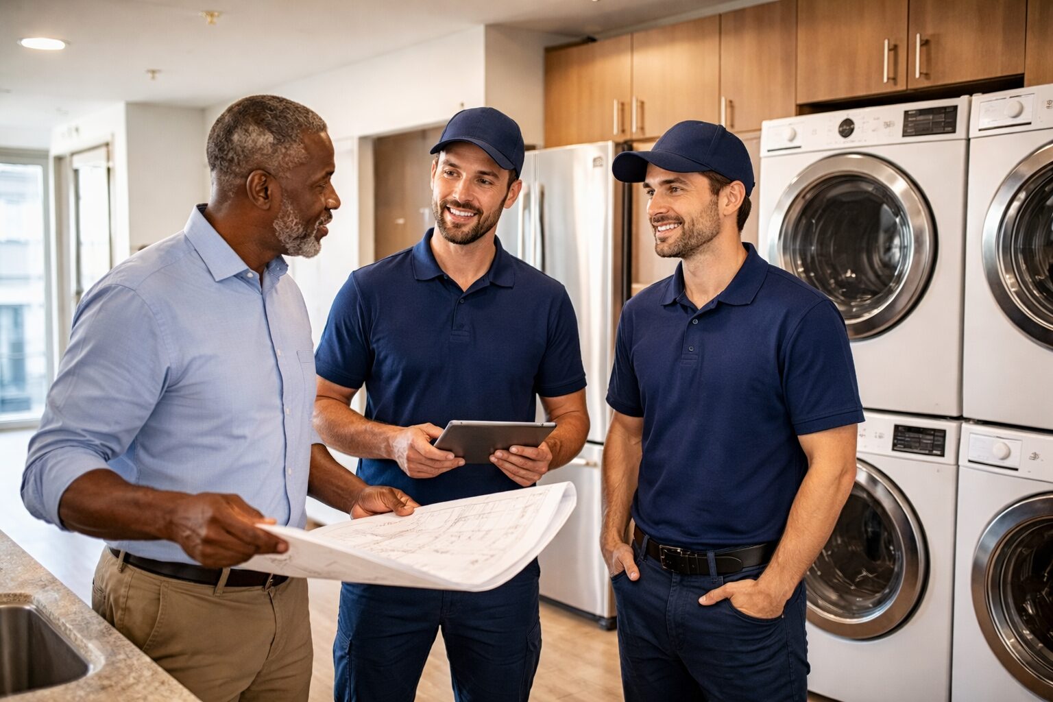 appliance technician installing a washer in a modern apartment laundry room with a property manager observing