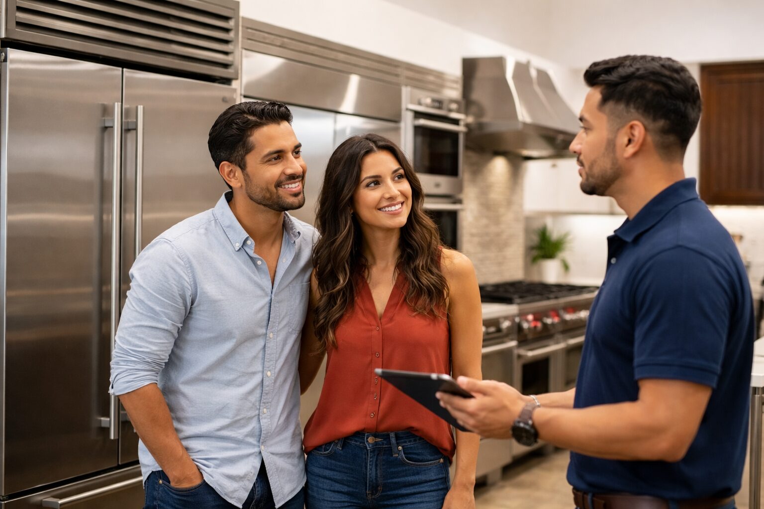 Hispanic couple discussing warranty options with appliance sales associate in a modern kitchen showroom with luxury