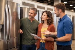 Appliance sales associate explaining warranty options to a middle-aged couple in a modern appliance showroom