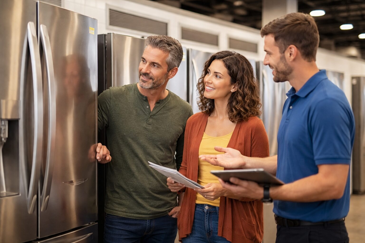Appliance sales associate explaining warranty options to a middle-aged couple in a modern appliance showroom