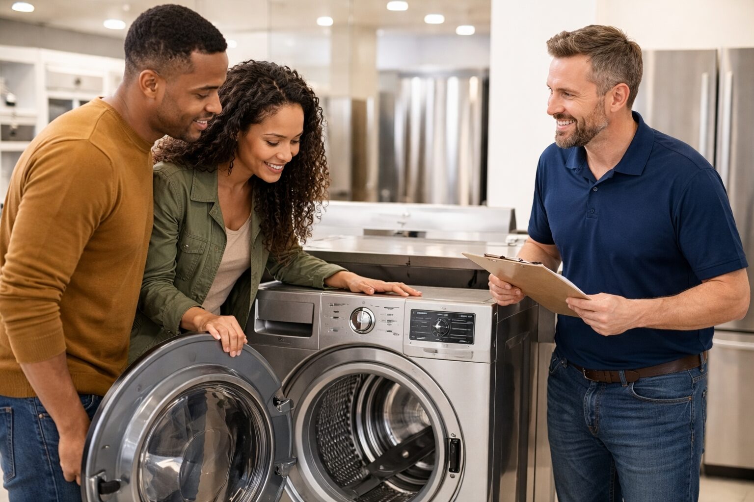 Homeowner discussing warranty options with appliance sales associate in a modern showroom surrounded by kitchen appliances