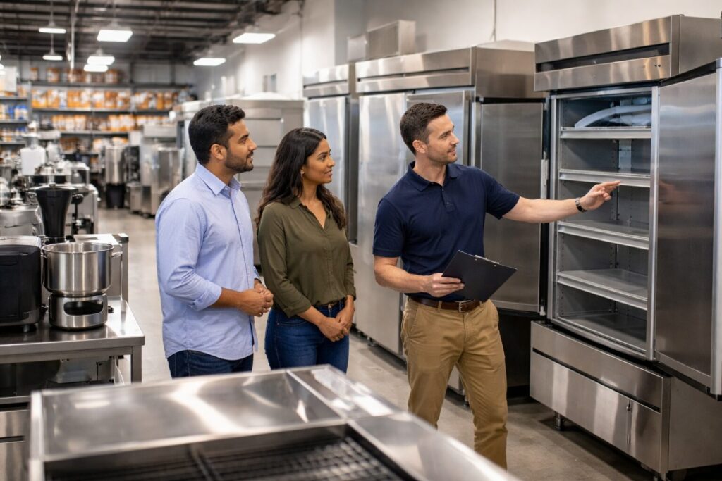 commercial appliance showroom with diverse customers and staff examining equipment in organized dealer environment