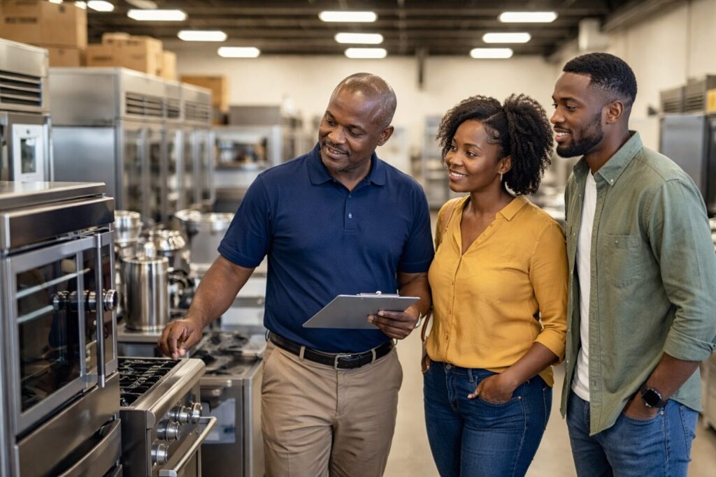 Black family discussing commercial kitchen equipment in a dealer showroom with appliances displayed on shelves