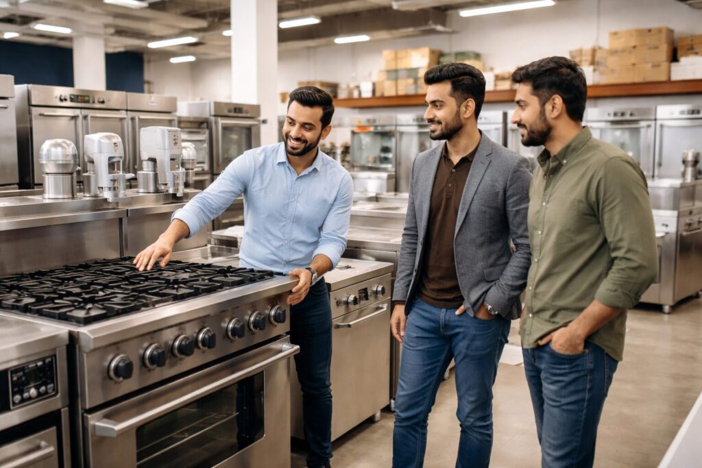 commercial appliance showroom with diverse staff assisting customers among rows of modern equipment in bright space