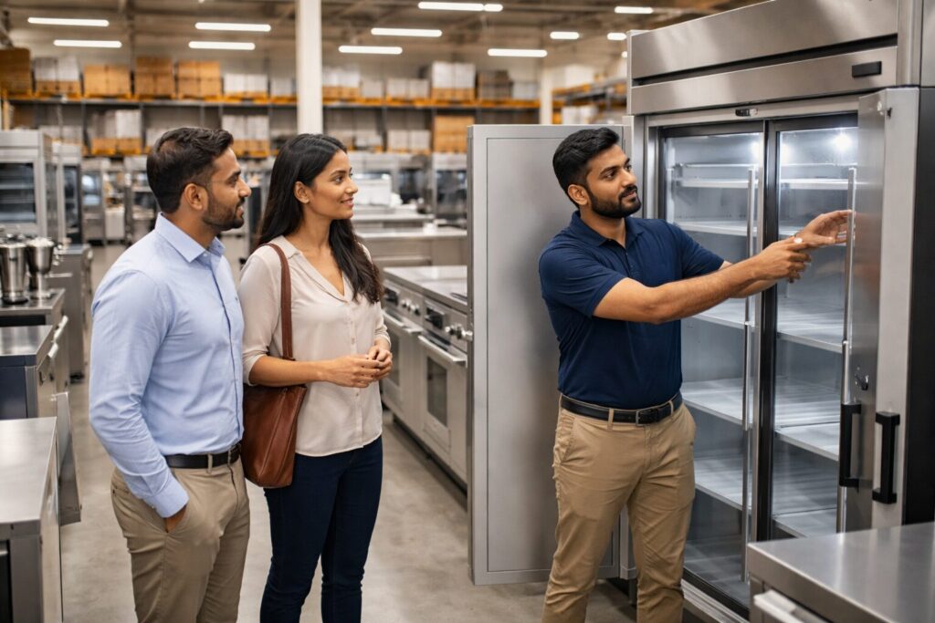 commercial appliance showroom with diverse staff assisting customers among rows of modern equipment and warehouse racks