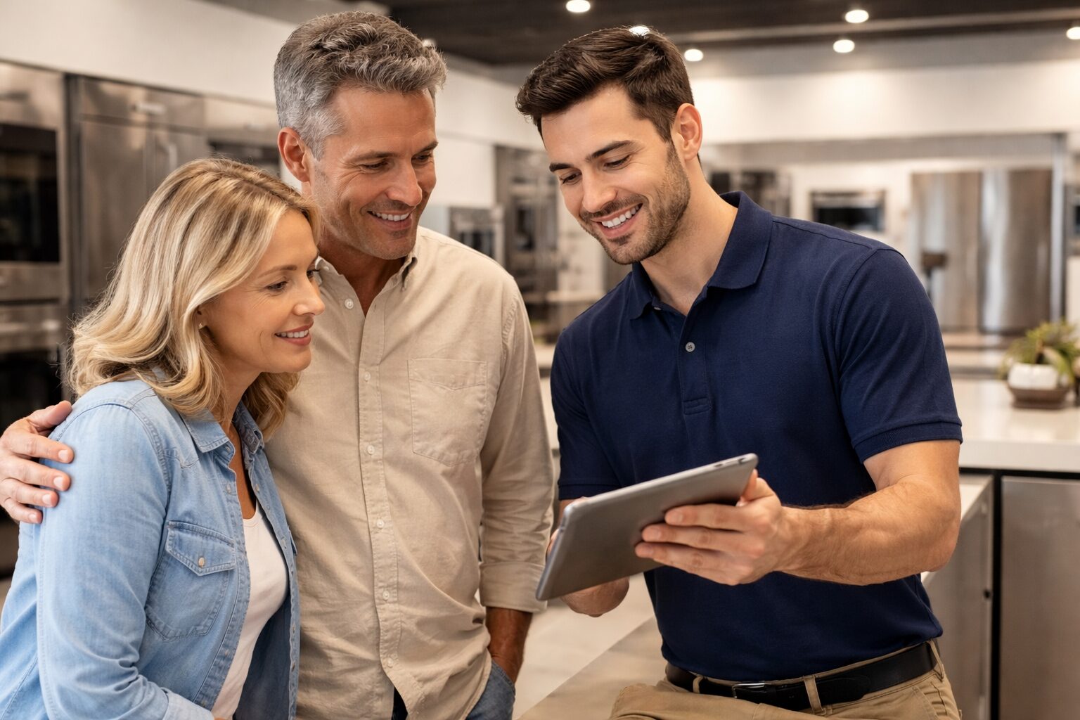 Appliance store employee helping middle-aged couple complete warranty paperwork on a tablet in a modern showroom