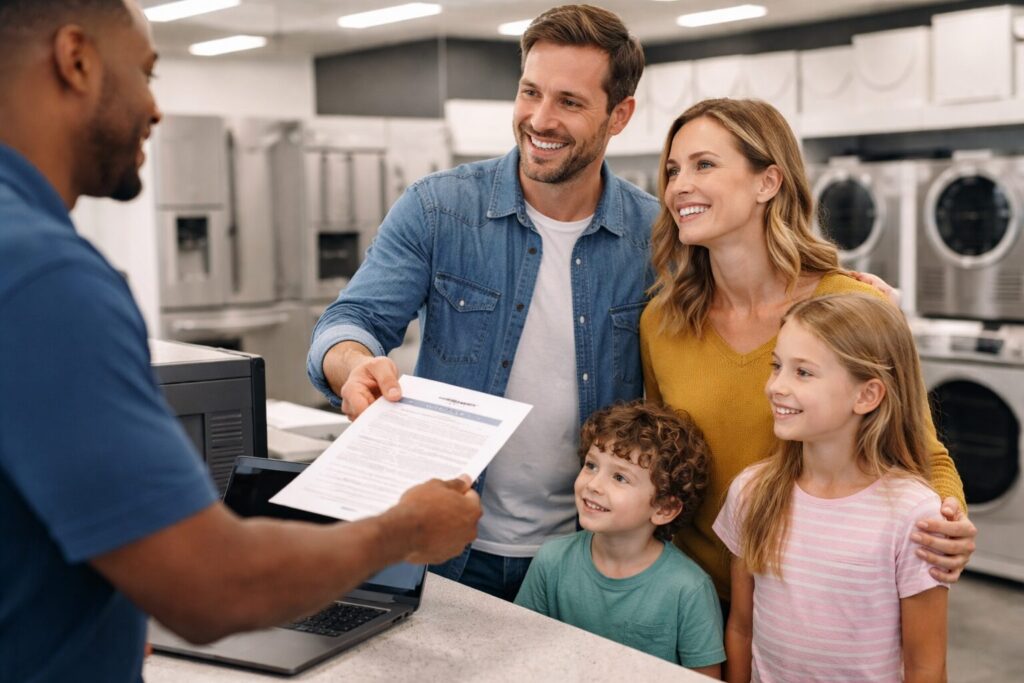 family of four reviewing appliance warranty documents together at kitchen table with modern appliances in background