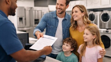 family of four reviewing appliance warranty documents together at kitchen table with modern appliances in background