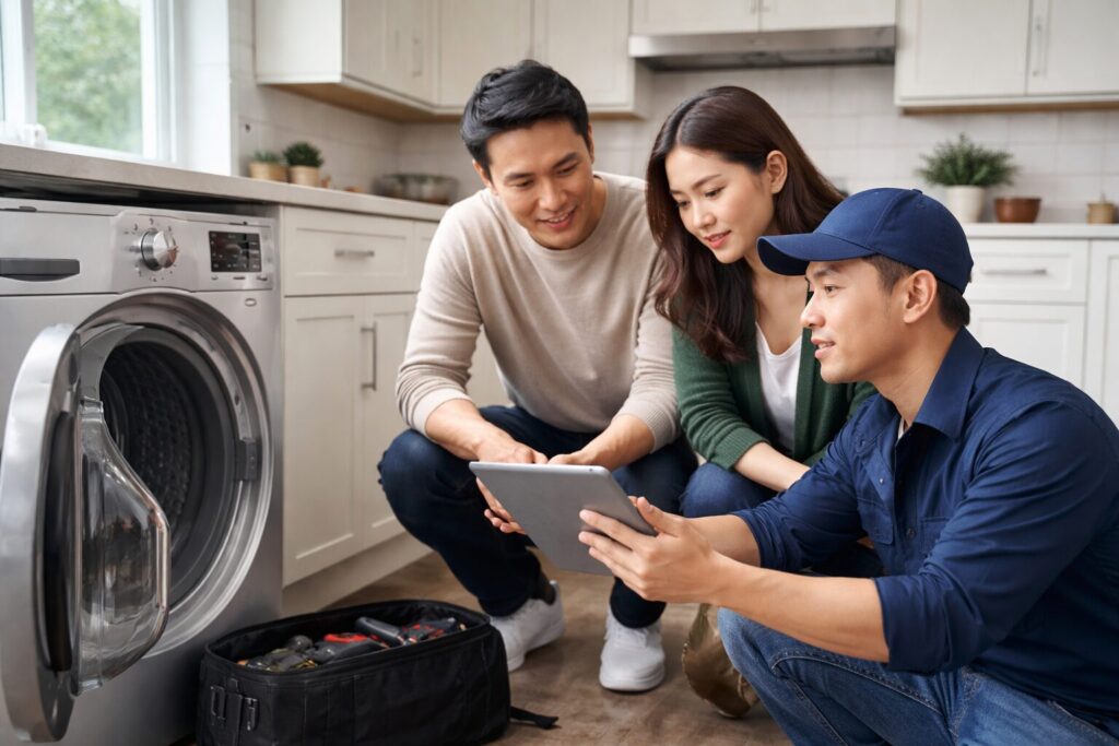 Asian appliance technician discussing repair estimate revision with middle-aged couple in modern kitchen environment
