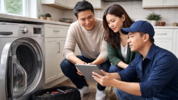 Asian appliance technician discussing repair estimate revision with middle-aged couple in modern kitchen environment
