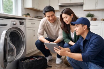 Asian appliance technician discussing repair estimate revision with middle-aged couple in modern kitchen environment