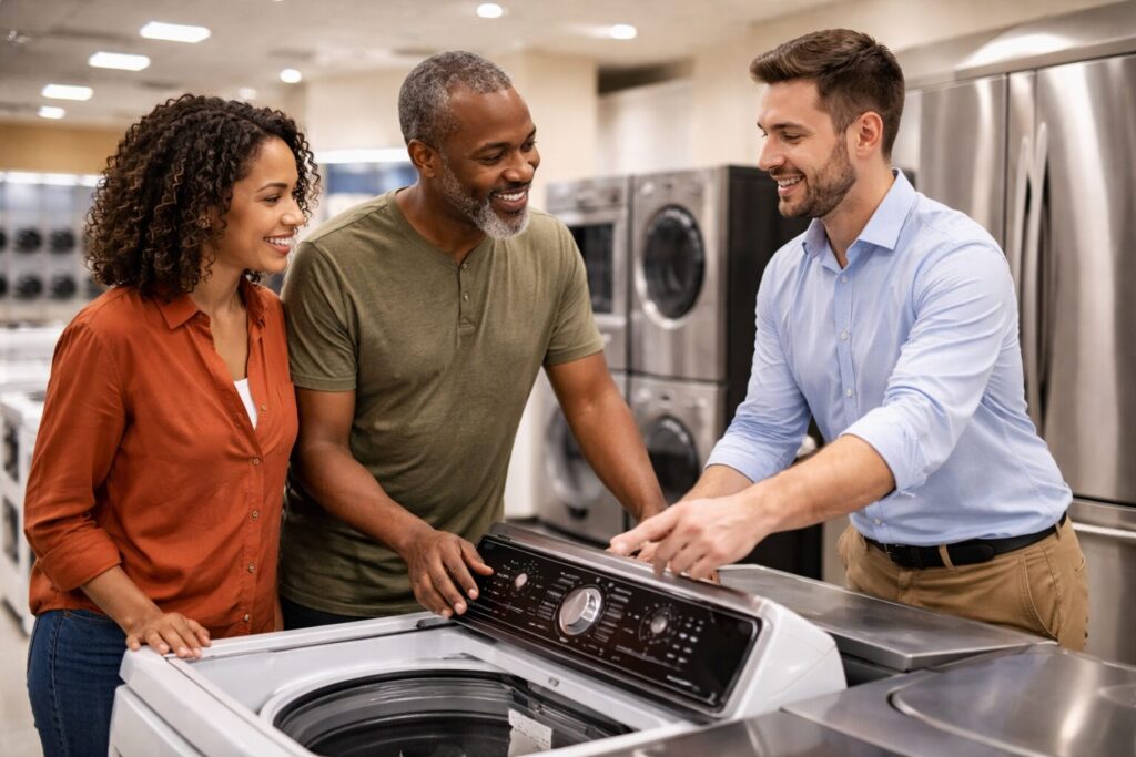 Home appliance store associate assisting a middle-aged couple with warranty options near modern kitchen appliances