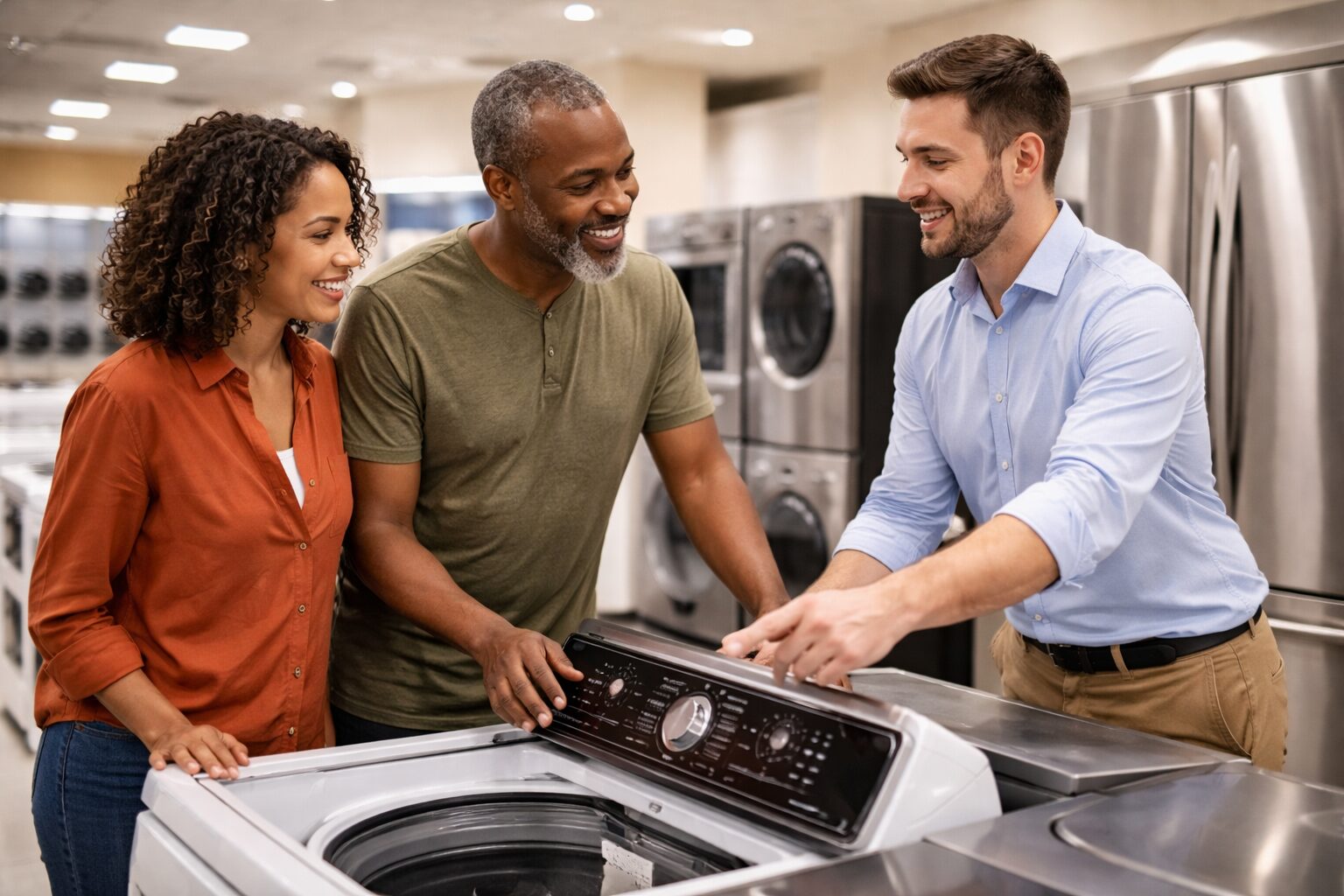 Home appliance store associate assisting a middle-aged couple with warranty options near modern kitchen appliances