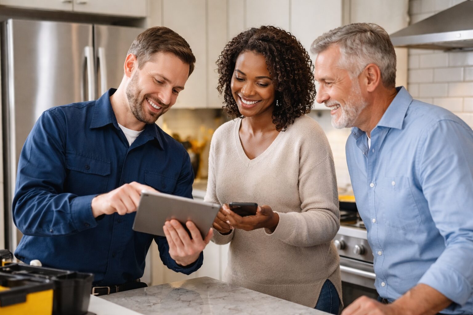 Appliance technician scheduling a service appointment with a homeowner in a modern kitchen environment