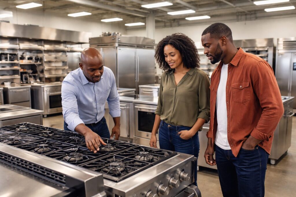 commercial appliance showroom with diverse staff assisting customers examining equipment on display in organized space