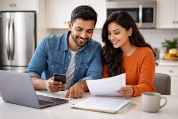 Indian couple discussing appliance warranty options with a sales associate in a modern appliance showroom