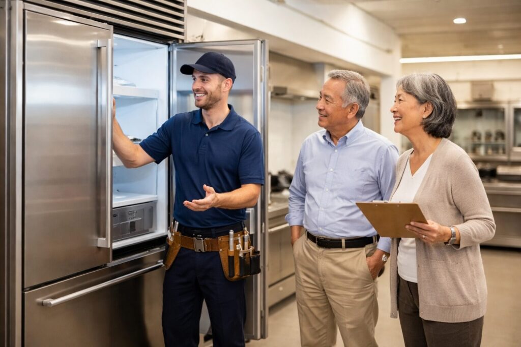 Asian older adult couple discussing appliance warranty options with a sales associate in a modern appliance showroom