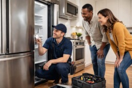 homeowner inspecting a modern kitchen appliance while a technician explains warranty options in a bright kitchen setting