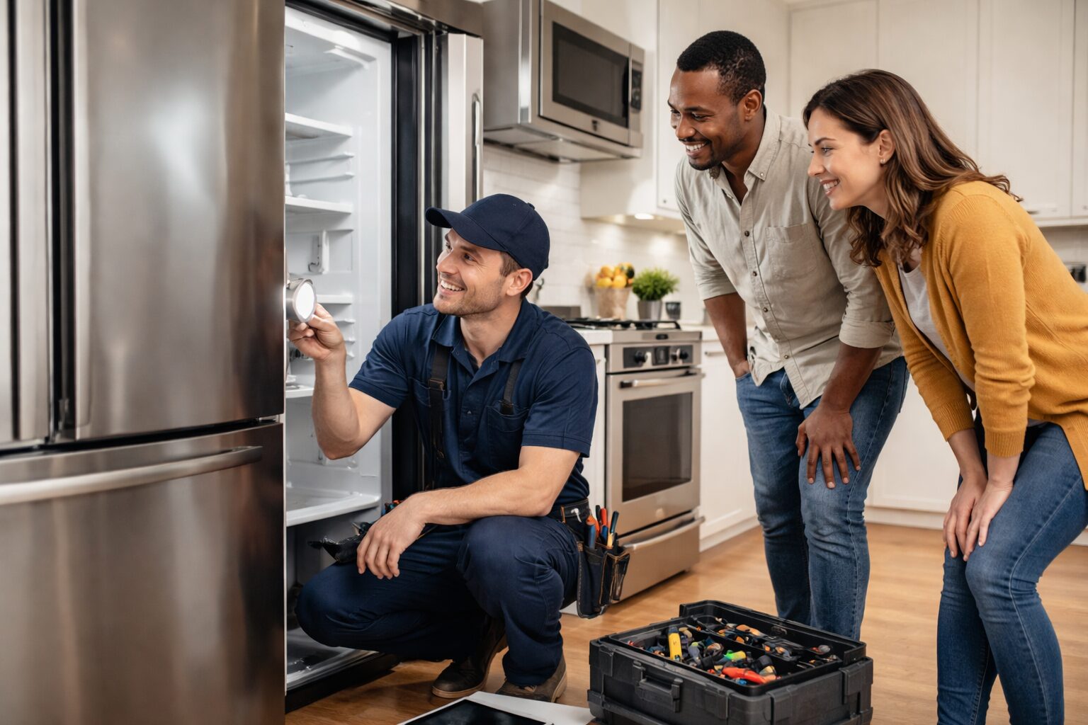homeowner inspecting a modern kitchen appliance while a technician explains warranty options in a bright kitchen setting