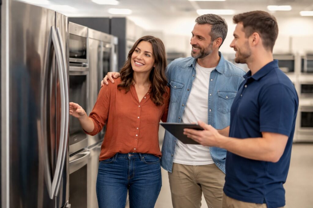 Appliance sales associate helping a middle-aged couple choose a refrigerator in a bright modern showroom