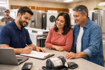 Diverse customers and sales associate discussing appliance warranty options in a bright modern appliance showroom