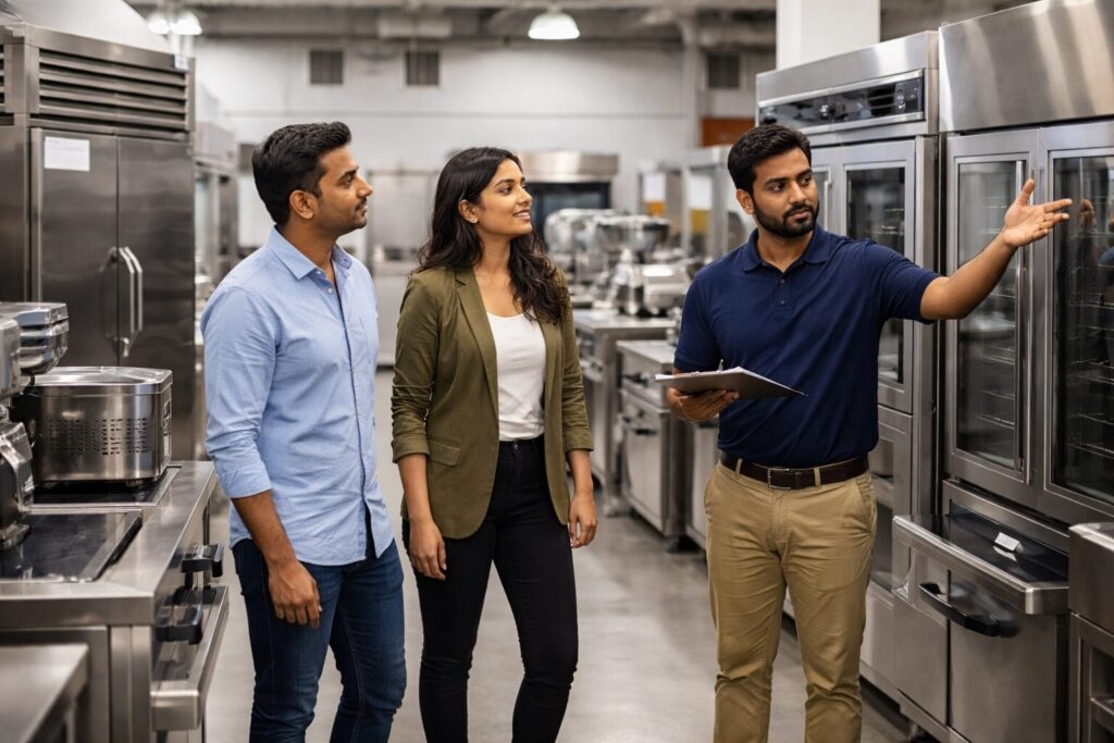 commercial appliance dealer showroom with diverse staff assisting customers among rows of modern equipment displays