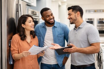 Diverse group of customers and sales associate discussing appliances in a bright modern showroom with natural interaction