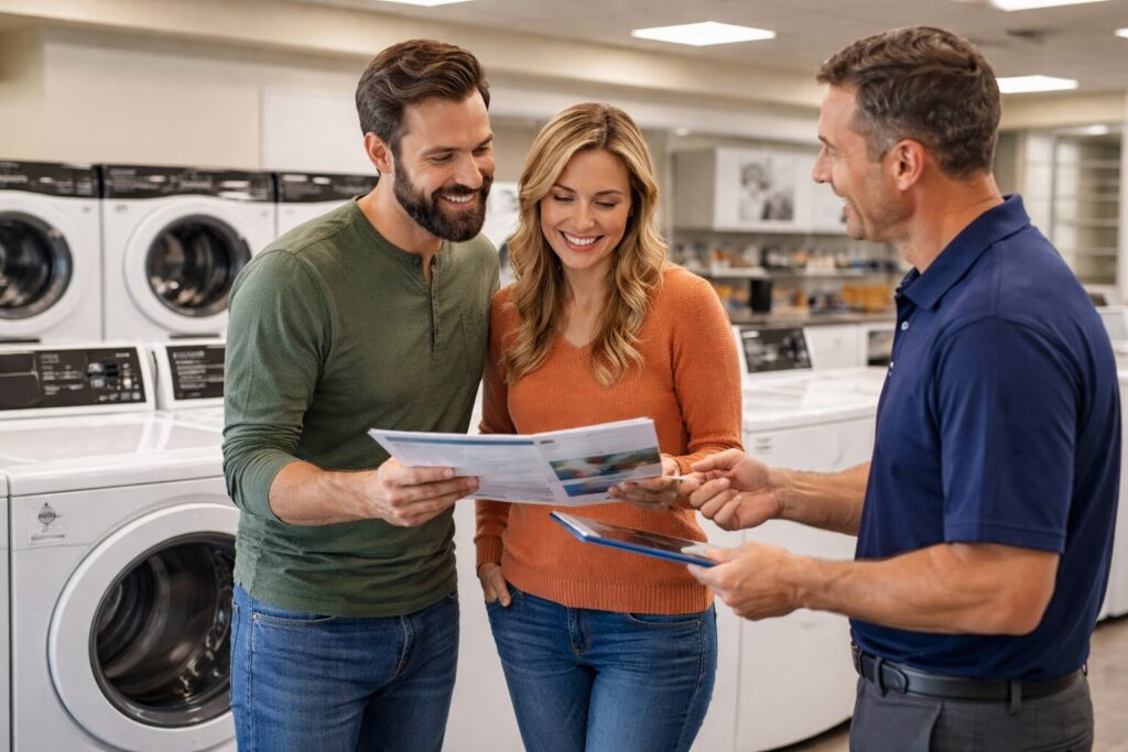 Homeowner discussing appliance warranty options with sales associate in a modern appliance showroom