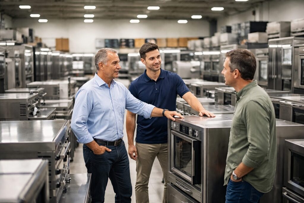 commercial appliance showroom with staff assisting customers and rows of commercial equipment on display