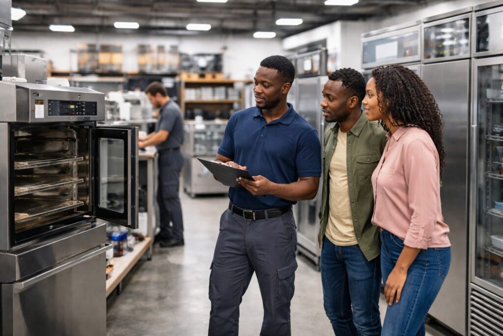 Commercial equipment showroom with diverse staff assisting customers near rows of modern appliances and service desks