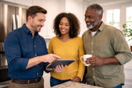 Appliance sales associate discussing warranty options with a middle-aged couple in a modern kitchen showroom