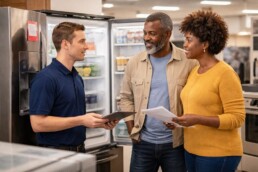 couple examining a modern refrigerator in a bright appliance showroom with a sales associate assisting them