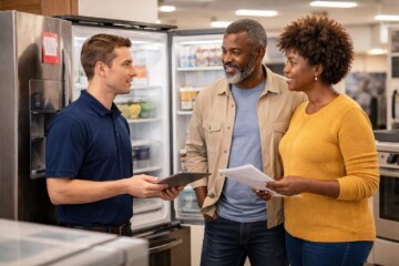 couple examining a modern refrigerator in a bright appliance showroom with a sales associate assisting them