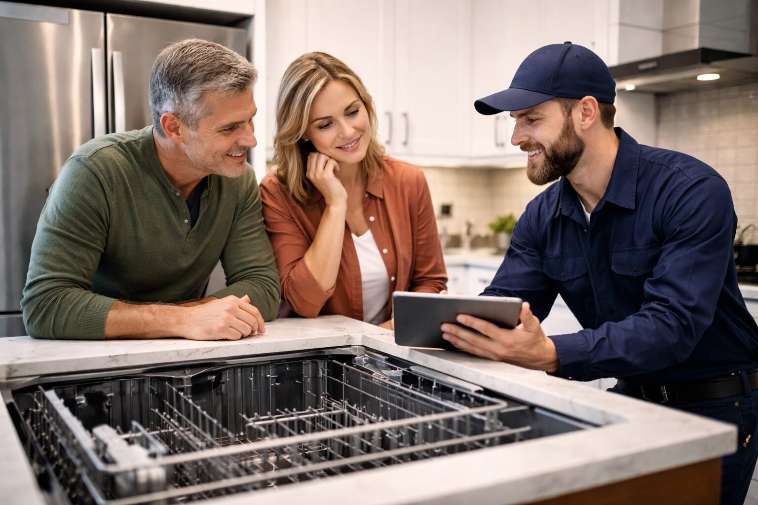 Appliance technician explaining warranty options to a middle-aged couple in a modern kitchen during a service visit