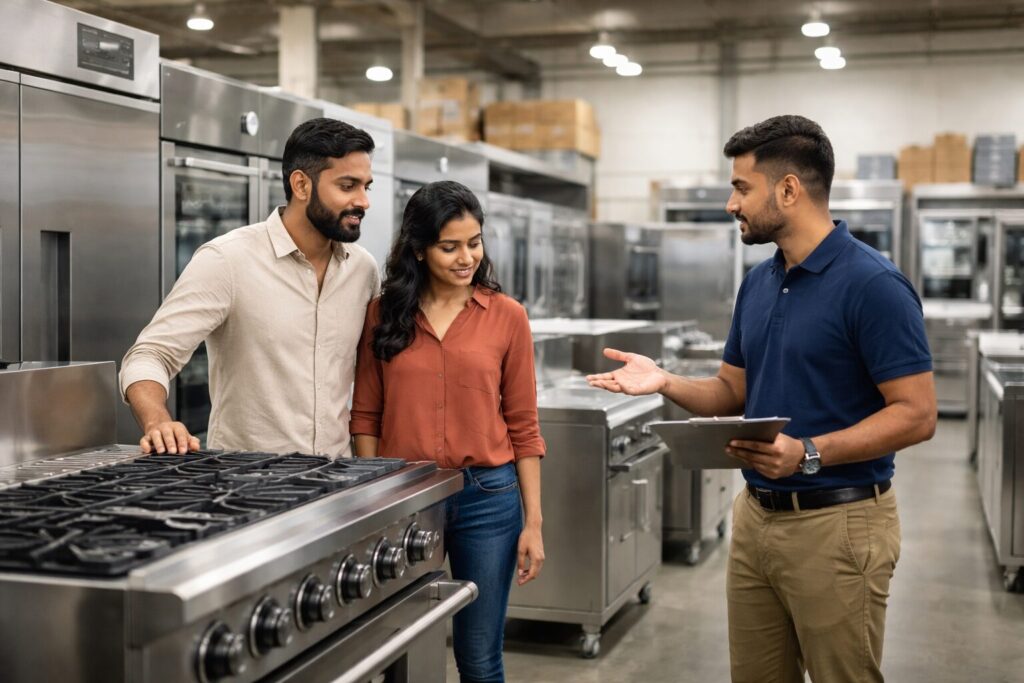Commercial appliance showroom with diverse staff assisting customers among rows of modern equipment on display