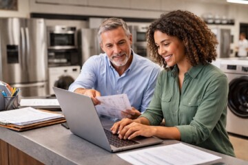 Appliance sales associate assisting a middle-aged couple reviewing warranty options in a modern appliance showroom