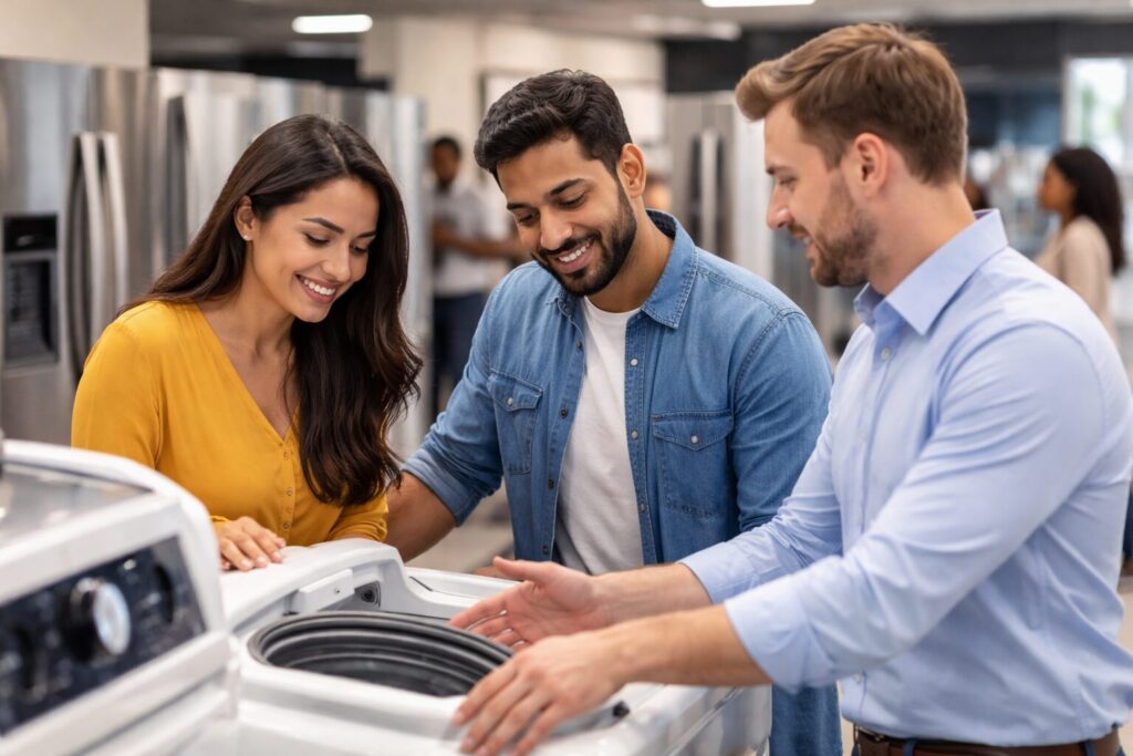 Diverse group of customers and sales associate discussing warranty options in a modern appliance showroom with washers and