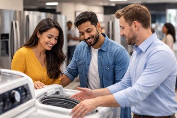 Diverse group of customers and sales associate discussing warranty options in a modern appliance showroom with washers and