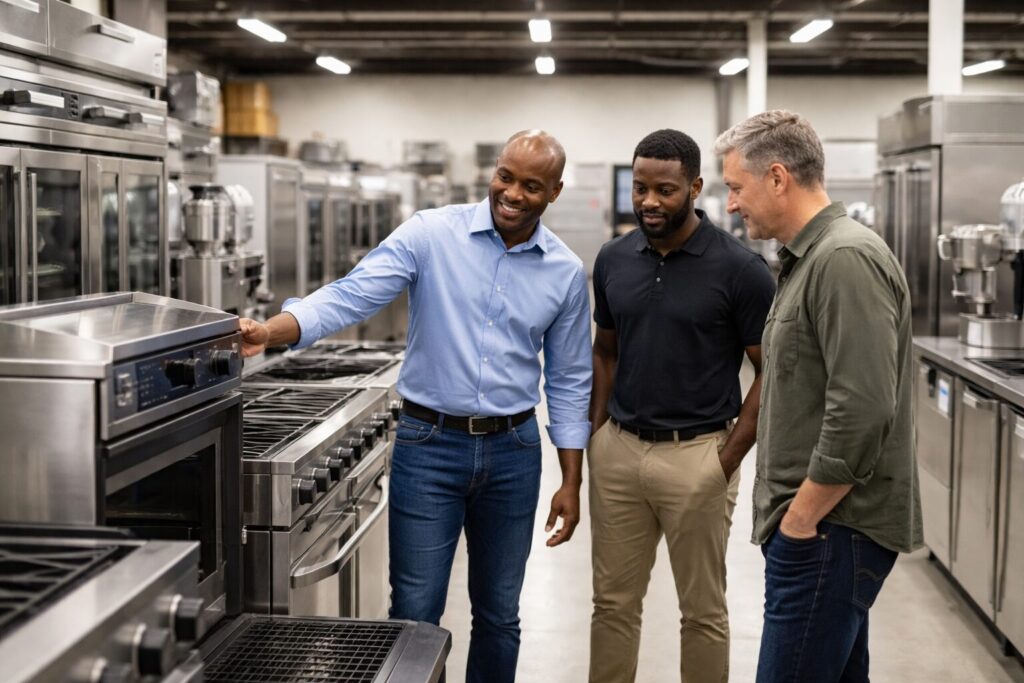 commercial appliance showroom with diverse staff assisting customers among rows of modern equipment on display