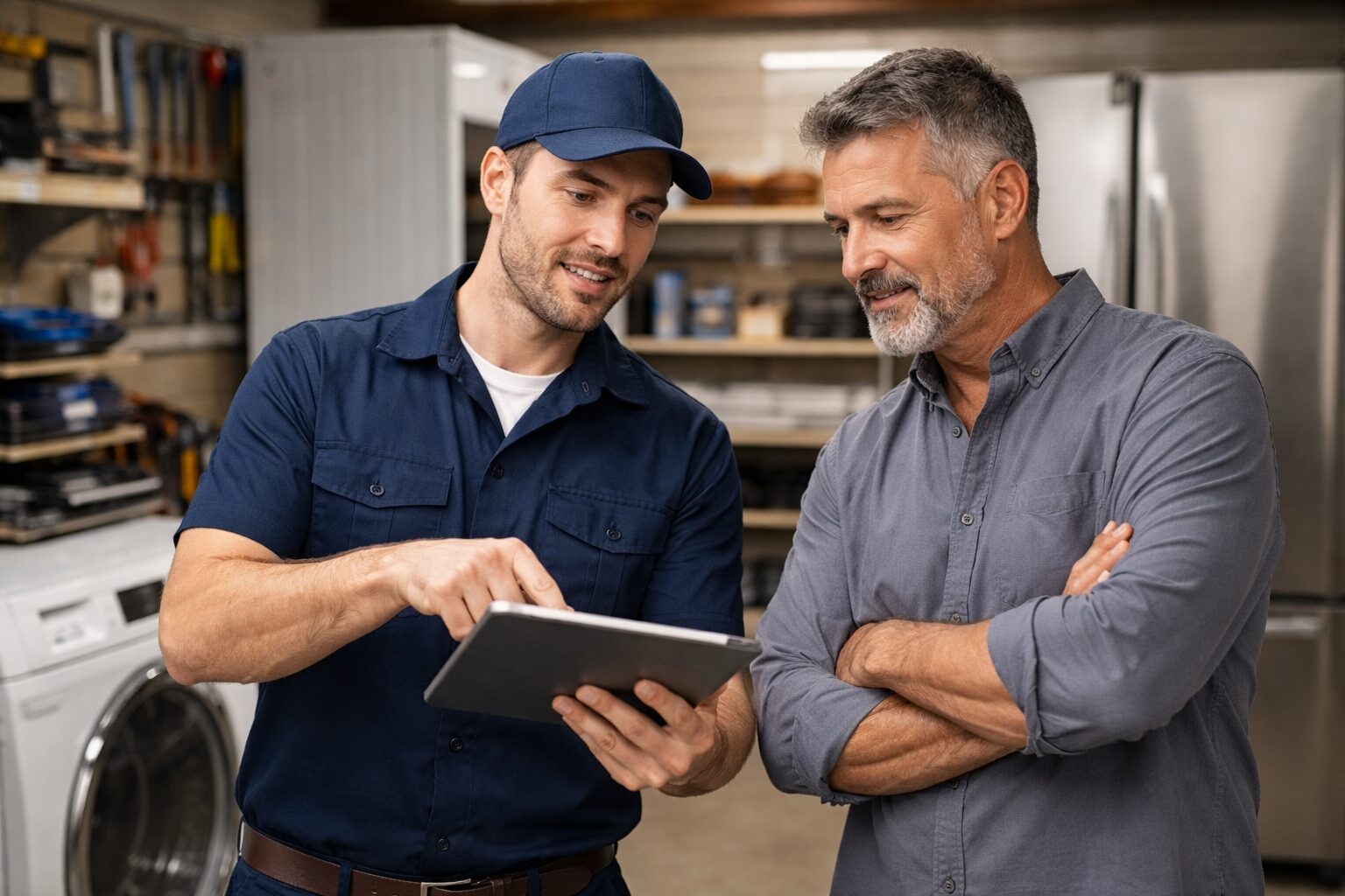 Appliance technician discussing service rates with a retailer in a modern appliance showroom