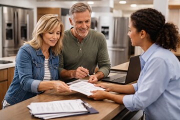 Appliance retailer reviewing invoices with a customer in a modern kitchen showroom environment