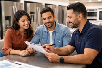 Hispanic couple discussing appliance warranty options with a sales associate in a modern appliance showroom