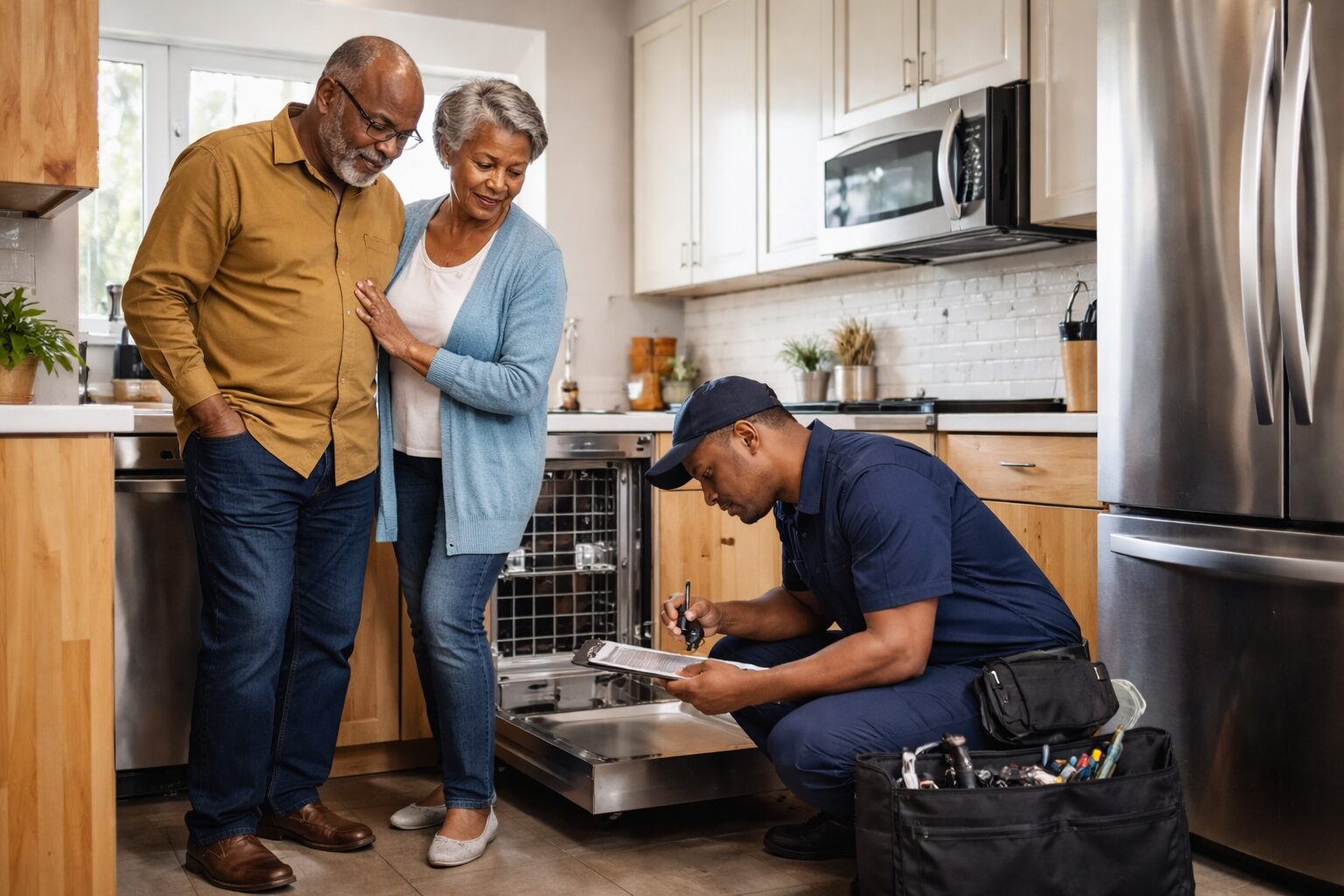 Black older adult couple discussing appliance repair with a technician in a modern kitchen setting